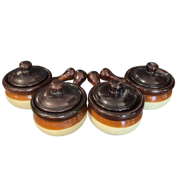 4 Stoneware Crock Bowls Handles & Lids French Onion Soup Bowls Vintage Style - Picture 1 of 4